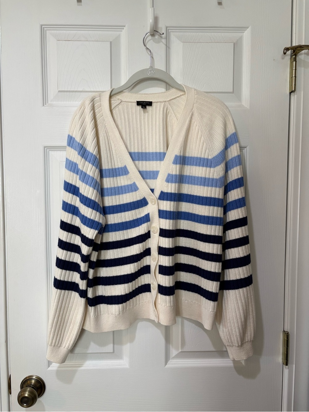 Talbots Cream Cardigan with Light and Dark Blue Stripes